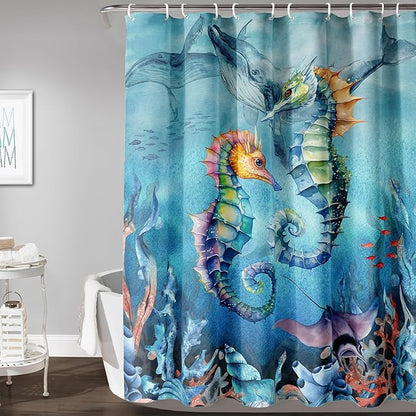 AILONEN Seahorse Shower Curtain for Bathroom,Watercolor Seahorse Bath Curtain,Blue Ocean Animal Whale Coral Fish Shower Curtain Waterproof with 12 Plastic Hooks, 72" W*96" H