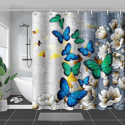 AILONEN Colorful Butterfly Shower Curtain for Girls Women Retro Flower Butterfly Bathroom Decor,Flying Butterfly Vintage Bath Curtain 72" W*72" H Polyester Waterproof Bathroom Curtain with 12 Hooks