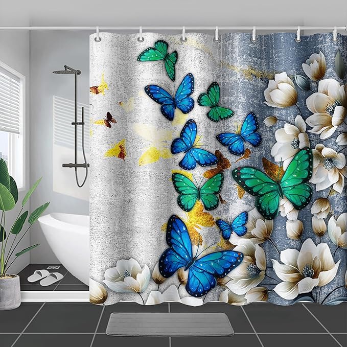 AILONEN Colorful Butterfly Shower Curtain for Girls Women Retro Flower Butterfly Bathroom Decor,Flying Butterfly Vintage Bath Curtain 36" W*72" H Polyester Waterproof Bathroom Curtain with 12 Hooks