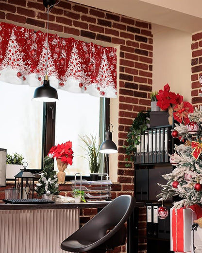 Red Christmas Valance Curtains for Kitchen Windows White Xmas Tree Snowflakes Red Balls Rod Pocket Window Treatment Toppers for Kitchen/Living Room/Bedroom/Bathroom, 42" X 12", Winter