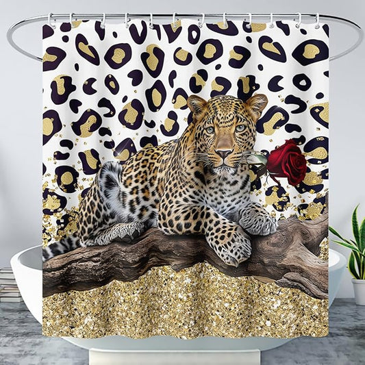 AILONEN Leopard Shower Curtains for Bathroom,Rose Leopard Bath Shower Gifts for Lover,Wild Animal Curtains Polyester Waterproof with Plastic Hooks 36" W*72" H