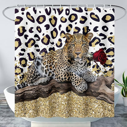 AILONEN Leopard Shower Curtains for Bathroom,Rose Leopard Bath Shower Gifts for Lover,Wild Animal Curtains Polyester Waterproof with 12 Plastic Hooks 72" W*78" H