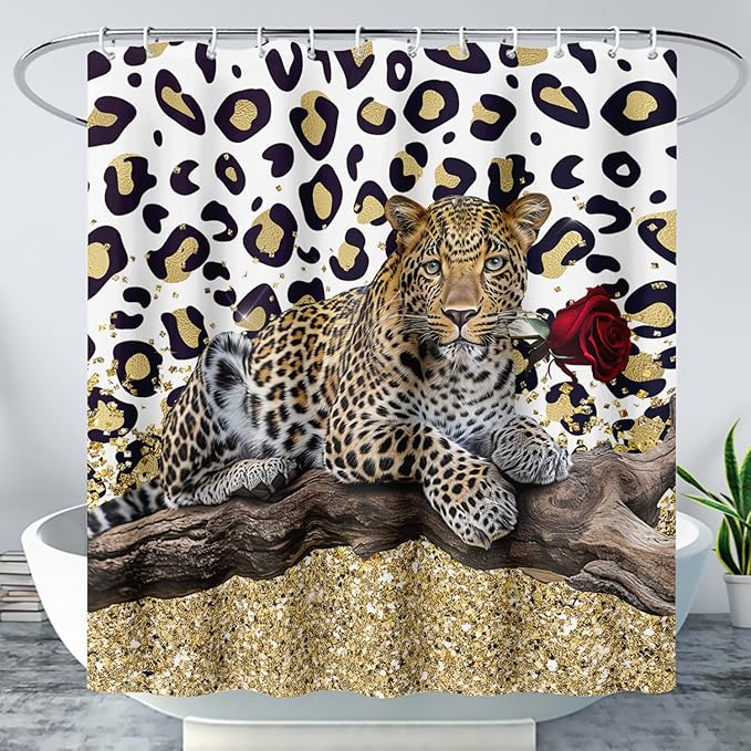 AILONEN Leopard Shower Curtains for Bathroom,Rose Leopard Bath Shower Gifts for Lover,Wild Animal Curtains Polyester Waterproof with 12 Plastic Hooks 72" W*84" H