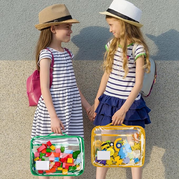 4 Pack Toy Storage Organizer Bag for Lego Bricks, Clear PVC Zippered Blocks Set with Manual Pocket& Name Tag, Waterproof Toy Carrying Case for Board Games& Building Blocks (Large, Colorful)