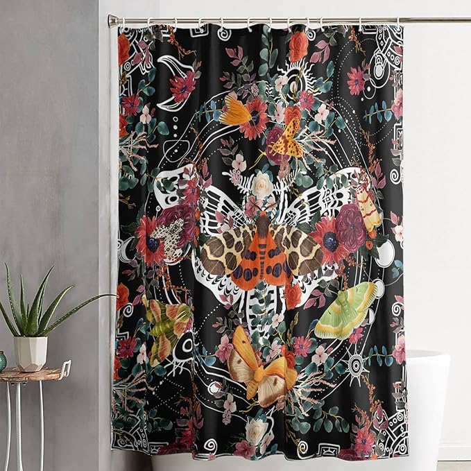 AILONEN Death Moth Shower Curtain,Sun Moon Shower Curtain Set for Kids Girls Boys,Boho Natural Plants Bathroom Decor Shower Curtain with 12 Hooks,60" W*72" H