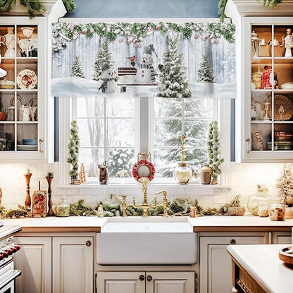 Merry Christmas Valance Curtains for Kitchen Windows Xmas Snowman Snowy Pine Tree Rod Pocket Window Treatment Toppers for Kitchen/Living Room/Bedroom/Bathroom, 60" X 18", Blue Winter