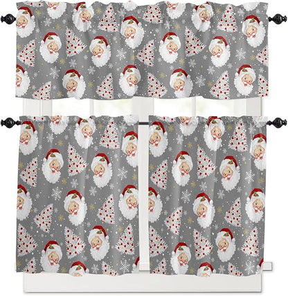 Grey Christmas Kitchen Curtains and Valances Set, Santa Claus Merry Christmas Tree Windows Treatments Tiers Half/Short Curtains for Small Windows Cafe/Living Room/Bedroom 54x24 in Winter Snowflake