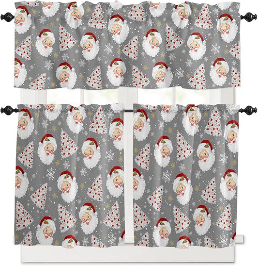 Grey Christmas Kitchen Curtains and Valances Set, Santa Claus Merry Christmas Tree Windows Treatments Tiers Half/Short Curtains for Small Windows Cafe/Living Room/Bedroom 54x24 in Winter Snowflake