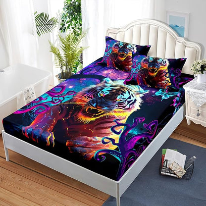 AILONEN Tiger Fitted Sheet Set Twin XL Size, Purple Magic Forest Fierce Tiger Bed Sheet Set for Boys Girls,Howling Tiger Soft Breathable Fitted Sheet and 2 Pillowcases,3 Pieces