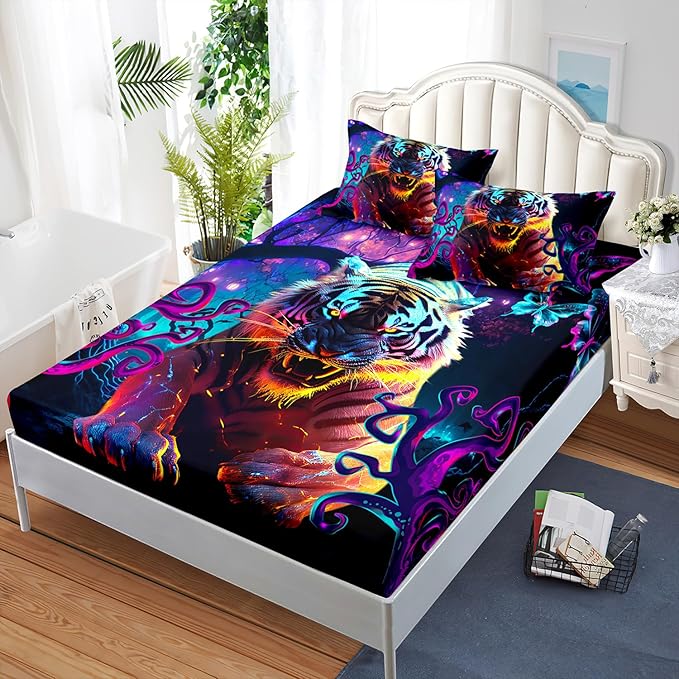 AILONEN Tiger Fitted Sheet Set Twin Size, Purple Magic Forest Fierce Tiger Bed Sheet Set for Boys Girls,Howling Tiger Soft Breathable Fitted Sheet and 2 Pillowcases,3 Pieces
