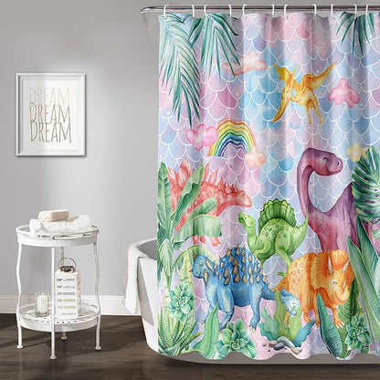 AILONEN Girls Dinosaur Shower Curtain 72" W*96" H for Bathroom,Cute Dinosaur Bathroom Shower for Kids Girls,Cartoon Dinosaur Rainbow Bath Curtain Polyester Waterproof Shower Curtain with 12 Hooks