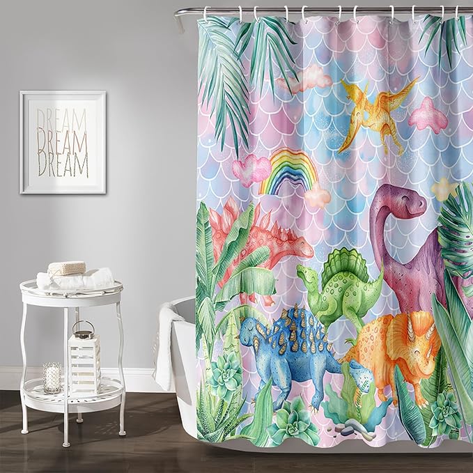 AILONEN Girls Dinosaur Shower Curtain 36" W*72" H for Bathroom,Cute Dinosaur Bathroom Shower for Kids Girls,Cartoon Dinosaur Rainbow Bath Curtain Polyester Waterproof Shower Curtain with Hooks