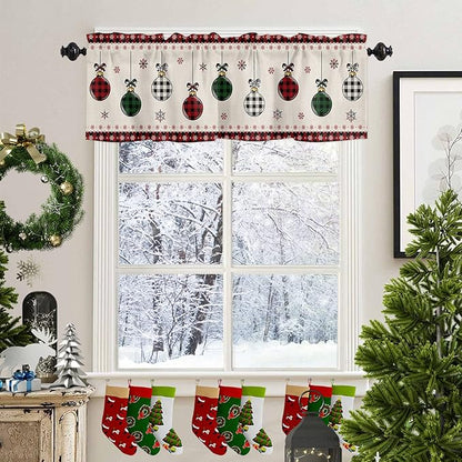 Christmas Valance Kitchen Curtains for Windows, Vintage Buffalo Plaid Christmas Balls Rod Pocket Valances Window Treatments Farmhouse Short Curtains For Bedroom/ Living Room, 54" X 18" -1 Panel