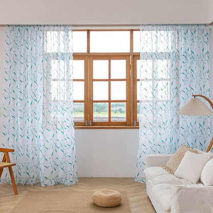 Windows Sheer Curtains Embroider Green Leaf 63 Inches Length 2 Panels Voile Light Filtering Sheer Curtains Panel Basic Rod Pocket for Bedroom Living Room Children Room
