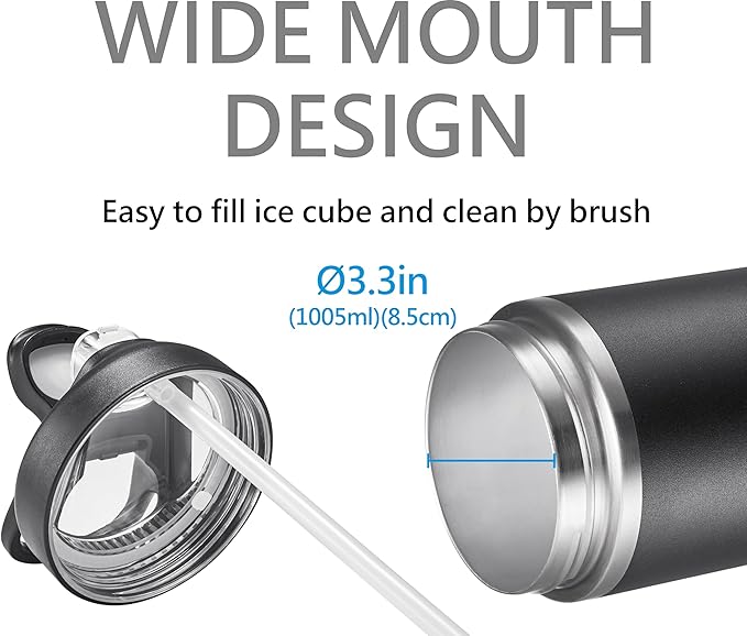 34 OZ 316 Stainless Steel Vacuum Insulated Travel Mug With Leak Proof Flip For Both Straw & Spout, Double Walled Seamless to Keep Hot And Cold, Sliver