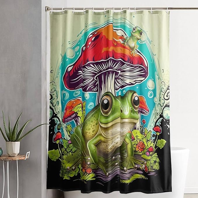 AILONEN Frog Mushroom Shower Curtain,Green Frog Waterproof Fabric Bath Curtain for Kids Girls Boys,Cartoon Animal Wildlife Red Mushroom Shower Curtain Set for Bathroom with Hooks,72" W*84" H