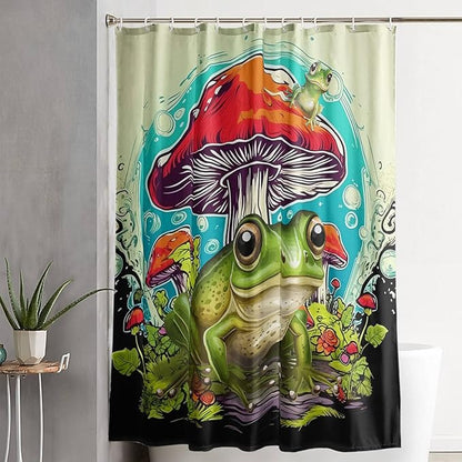AILONEN Frog Mushroom Shower Curtain,Green Frog Waterproof Fabric Bath Curtain for Kids Girls Boys,Cartoon Animal Wildlife Red Mushroom Shower Curtain Set for Bathroom with Hooks,72" W*84" H