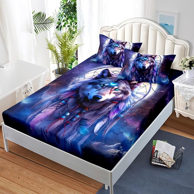 AILONEN Wolf Dream Catcher Fitted Sheet Set Twin Evening Purple Galaxy Starry Moon Wolf Bed Sheet with 2 Pillowcases,3 Pieces Wolf Print Boys Girls Twin Fitted Sheet Set