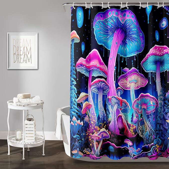 AILONEN Mushroom Shower Curtain for Bathroom, 3D Oil Painting Mushroom Bath Curtain,Blue Purple Fairy Fantasy Fungus Botanical Decoration Waterproof Curtain with 12 Plastic Hooks, 60" W*72" H