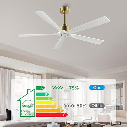 60 Inch Modern Ceiling Fan without Light, 5 Solid Wood Blades 6-Speed Noiseless Reversible DC Motor, Ceiling Fan with Remote Control for Bedroom Living Room, White Gold Finish