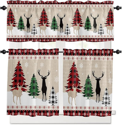 Farmhouse Christmas Kitchen Curtains and Valances Set,Rustic Plaid XMAS Tree Snowflakes Window Treatments Tiers Red Green Black Half/Short Curtains for Small Windows Cafe /Living/ Bedroom 54x24 in