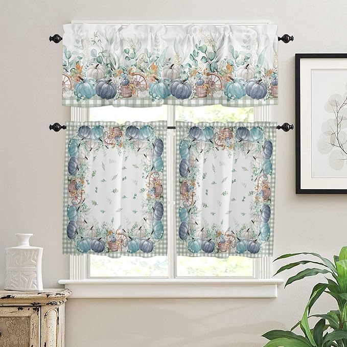 Fall Thanksgiving Kitchen Curtains and Valances Set, Blue Pumpkins Green Eucalyptus Leaves Small Windows Treatments Tiers Half/Short Curtains forCafe /Living Room/ Bedroom 54x24 in,Farmhouse Plaid