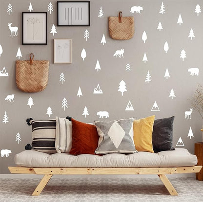 Woodland Animal Wall Decals Vinyl Pine Tree Wall Stickers Forest Animal Wall Stickers Mountain Small Tree Animals Deer Bear Wolf Woodland Wall Decals for Nursery Bedroom Kids Room Decor