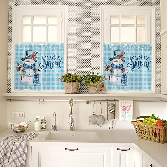 Snowman Christmas Kitchen Curtains and Valances Set, Let It Snow Winter Holiday Windows Treatments Tiers Short Curtains for Small Windows Cafe /Living Room/ Bedroom 54x36 in Blue White Buffalo Plaid