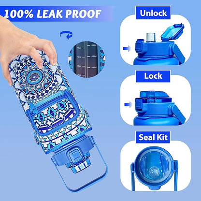 64 oz Water Bottle with Straw Sleeve & Strap Motivational Half Gallon Water Jug with Handle for Gym Women Men Aesthetic Water Bottle with Strap Datura