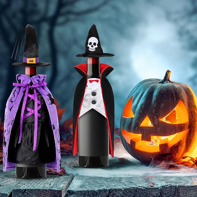 4 Pcs Halloween Wine Bottle Cover Witch Vampire Wine Clothes Dracula Wine Dress for Halloween Party Table Decor