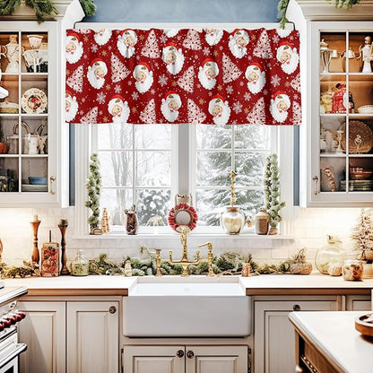 Red Christmas Valance Curtains for Kitchen Windows Santa Claus Merry Christmas Tree Rod Pocket Window Treatment Toppers for Kitchen/Living Room/Bedroom/Bathroom, 42" X 12", Winter Snowflake
