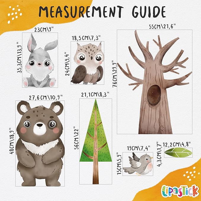 Large Animals Wall Decals for Kids by Lipastick – 177 pcs Woodland Animals Wall Stickers – Forest Animal Wall Decals for Kids Boys Baby Girls – Kids Wall Decals Bear Fox Deer Hare Raccoon Owl XXL Size