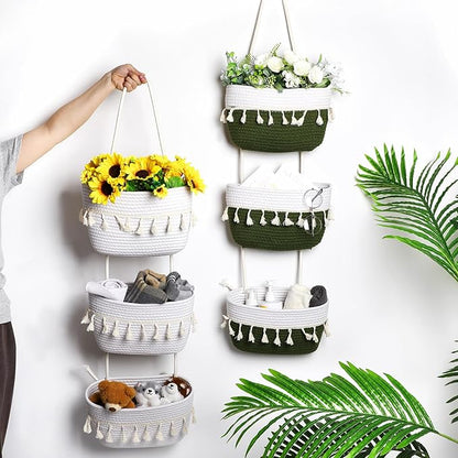 Over the Door Hanging Basket Boho Woven Wall Hanging Baskets 3-Tier Cotton Wall Mounted Storage Organizer Bag Macrame Decorative Hanging Baskets for Kitchen Laundry Room Stairs(White)