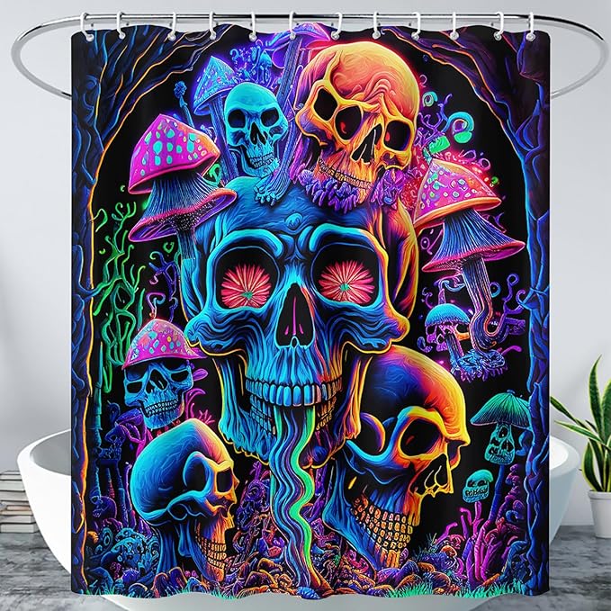 AILONEN Mushroom Skull Shower Curtain for Bathroom,Purple Mushroom Skull Bath Curtain,Fantasy Fairy Skull Skeleton Decoration Bathroom Waterproof Shower Curtain with 12 Plastic Hooks, 48" W*72" H