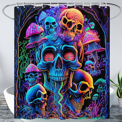 AILONEN Mushroom Skull Shower Curtain for Bathroom,Purple Mushroom Skull Bath Curtain,Fantasy Fairy Skull Skeleton Decoration Bathroom Waterproof Shower Curtain with 12 Plastic Hooks, 72" W*78" H