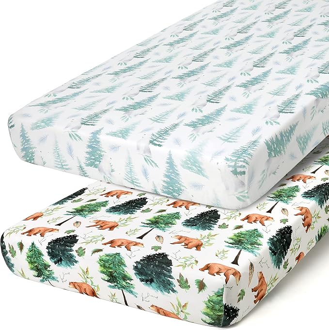 ACRABROS Crib Sheets for Girl Boy: Stretchy Baby Fitted Crib Mattress Sheets Sets 2 Pack Standard Size Ultra Soft Neutral, Bears &Forest