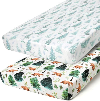 ACRABROS Crib Sheets for Girl Boy: Stretchy Baby Fitted Crib Mattress Sheets Sets 2 Pack Standard Size Ultra Soft Neutral, Bears &Forest