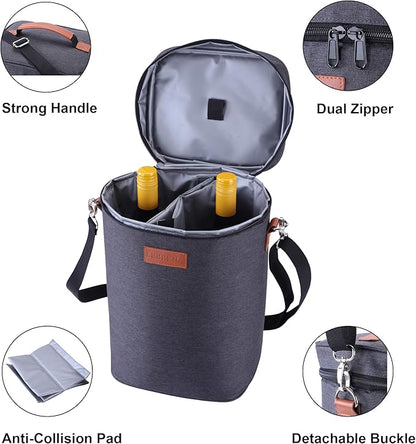 4 Bottle Wine Gift Carrier - Travel Padded Insulated Wine Cooler Bag with Handle and Adjustable Shoulder Strap, Great Wine Lover Gift