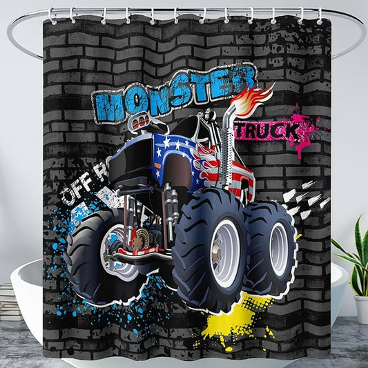 AILONEN Monster Truck Shower Curtain, Black Retro 3D Printed Truck Bath Curtain for Boys,Red Blue Truck Car Bathroom Decor Waterproof Fabric 72" W*96" H Inch with 12 Plastic Hooks