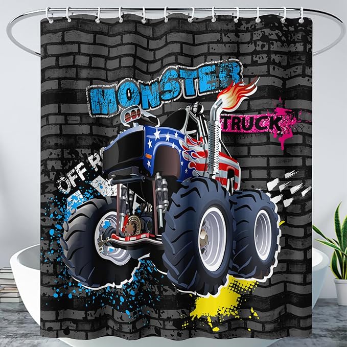 AILONEN Monster Truck Shower Curtain, Black Retro 3D Printed Truck Bath Curtain for Boys,Red Blue Truck Car Bathroom Decor Waterproof Fabric 48" W*72" H Inch with 12 Plastic Hooks