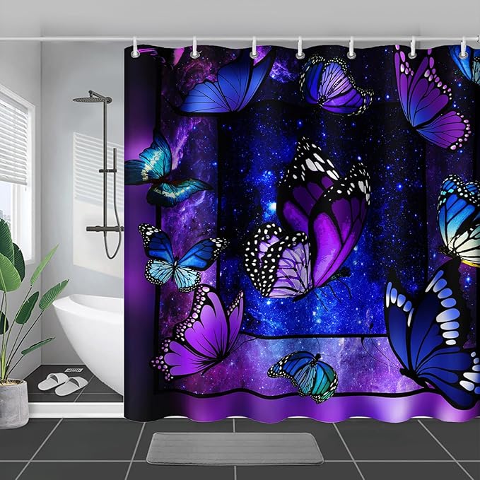 AILONEN Butterfly Shower Curtain for Bathroom Mystic Purple Galaxy Starry Decor Bath Curtain 48" W*72" H Polyester Fabric Waterproof Bathroom Curtain with 12 Hooks