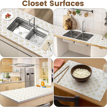 Shelf Liners for Kitchen Cabinets 10in X 10FT, Non Adhesive Cabinet Liner Strong Non-Slip Thickened Gold Geometric Drawer Liner, Washable liner Easy to Clean for Shelf