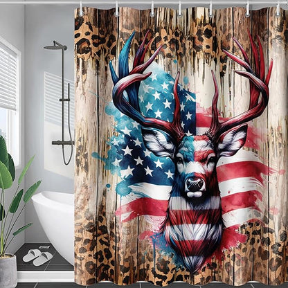 AILONEN Deer Hunting Shower Curtain for Bathroom Decor,American Flag Elk Bath Curtain for Kids Boys Teens,Safari Deer Print Curtain,Polyester Waterproof with 12 Plastic Hooks 72" W*96" H