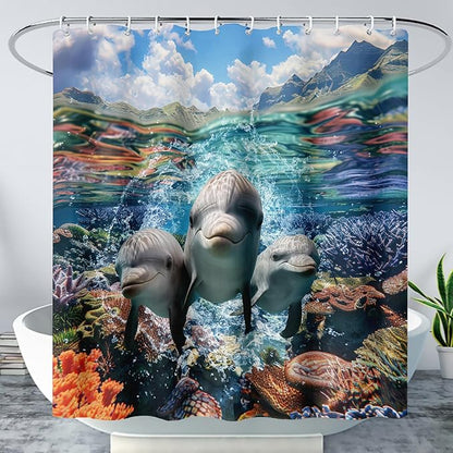 AILONEN Cute Dolphin Shower Curtain,Ocean Dolphin Bath Curtain,Tropic Sea Coral Beach Curtain,Boys Girls Kids Curtain for Bathroom Decor Waterproof, 36" W x 72" H