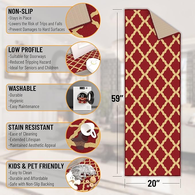 Machine Washable Elegant Trellis Design Non-Slip Rubberback 2x5 Traditional Runner Rug for Hallway, Kitchen, Bedroom, Entryway, 20" x 59", Red