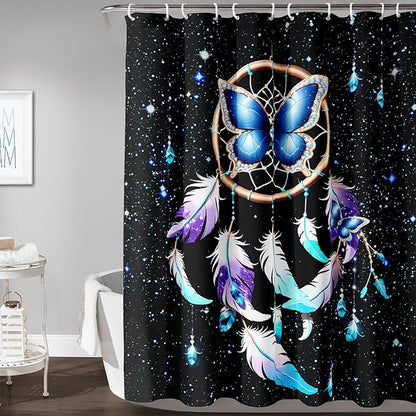 AILONEN Butterfly Dreamcatcher Shower Curtain, Blue Starry Galaxy Butterfly Bath Curtain,Dream Catcher Feather Print Waterproof Bathroom Curtain with 12 Plastic Hooks for Girls Women 72" W*84" H
