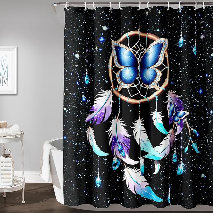 AILONEN Butterfly Dreamcatcher Shower Curtain, Blue Starry Galaxy Butterfly Bath Curtain,Dream Catcher Feather Print Waterproof Bathroom Curtain with 12 Plastic Hooks for Girls Women 72" W*96" H