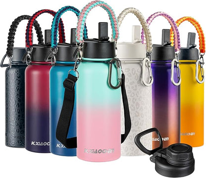 32 oz Insulated Water Bottle with Paracord Handles & Strap, 2 Lids(Straw Lid&Spout Lid), Stainless Steel Reusable Wide Mouth Metal Water Bottle With Straw, Double Walled, Thermo Mug(Rubber Pink)