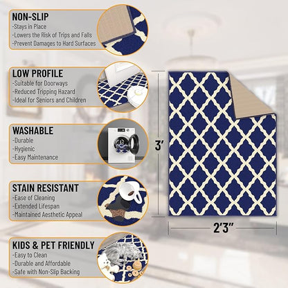 Machine Washable Moroccan Trellis Design Non-Slip Rubberback 2x3 Traditional Indoor Area Rug for Living Room, Bedroom, Kitchen, Entryway, 2'3" x 3', Navy