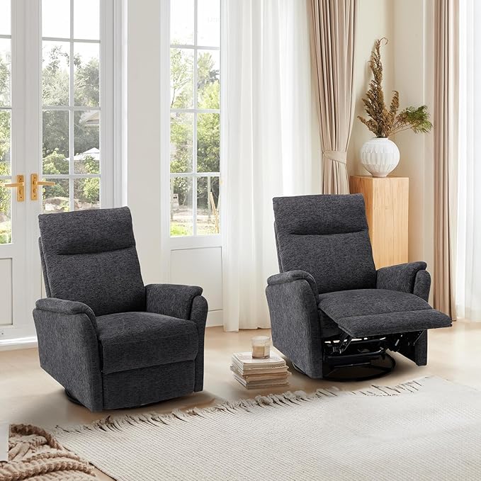 Swivel Rocking Recliner Glider Chair, Upholstered Fabric Reclining Rocker Chair with Footrest for Living Room, Nursery, Bedroom, Ergonomic High Backrest, Wide Seat Cushion and Metal Base-Darkgrey